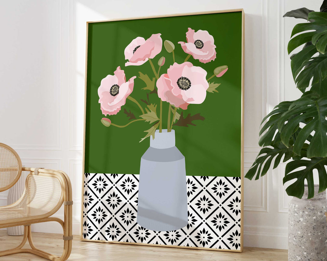 Pink Botanical Poppy Flower Print, Boho Spring Flower Vase Wall Art, Abstract Flowers Poster, Cottagecore Home Decor, Geometric Floral Print