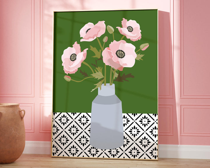 Pink Botanical Poppy Flower Print, Boho Spring Flower Vase Wall Art, Abstract Flowers Poster, Cottagecore Home Decor, Geometric Floral Print