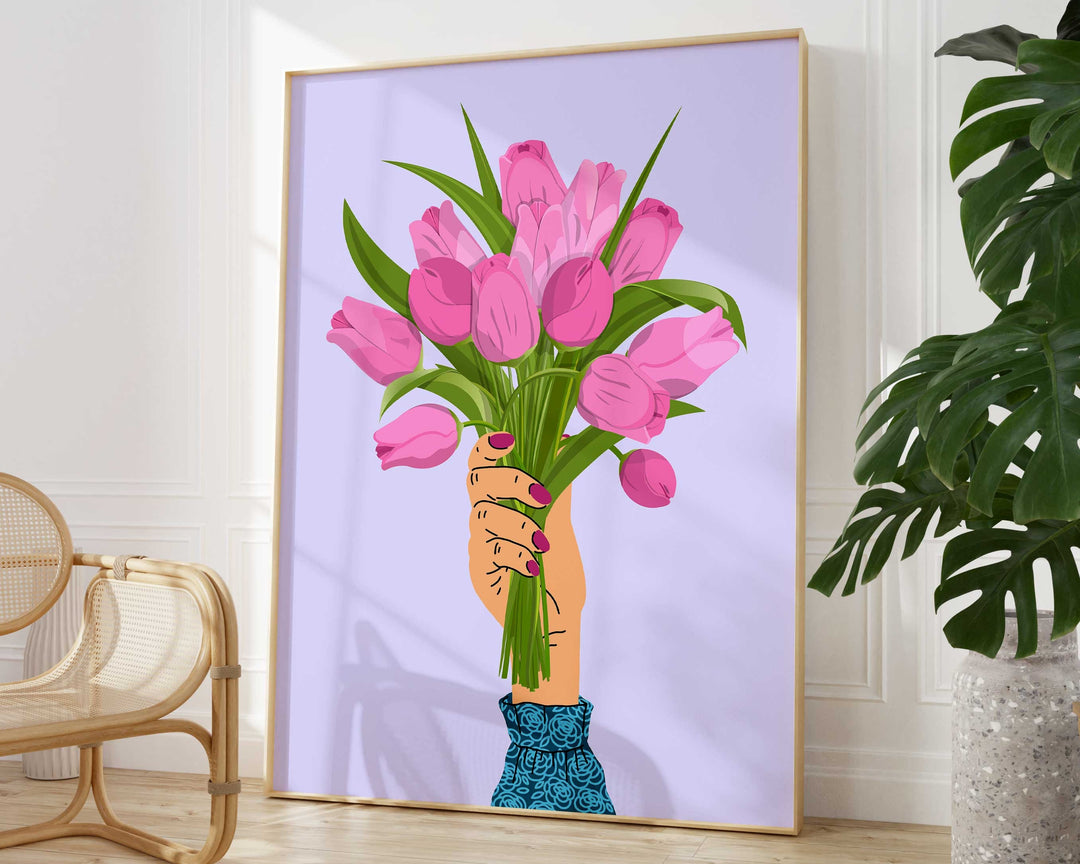 Pink Tulip Abstract Wall Art Print, Pastel Lilac Flower Wall Decor, Spring Flowers Boho Bouquet, Trendy Colourful Botanical Flower Print