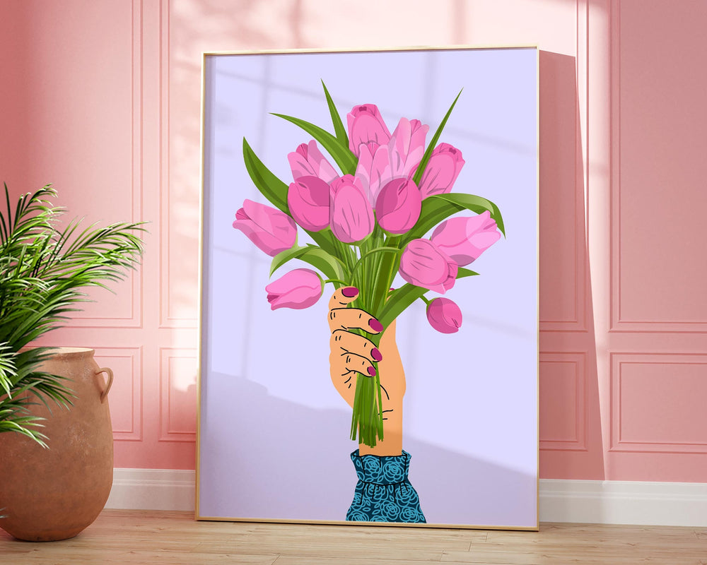 Pink Tulip Abstract Wall Art Print, Pastel Lilac Flower Wall Decor, Spring Flowers Boho Bouquet, Trendy Colourful Botanical Flower Print