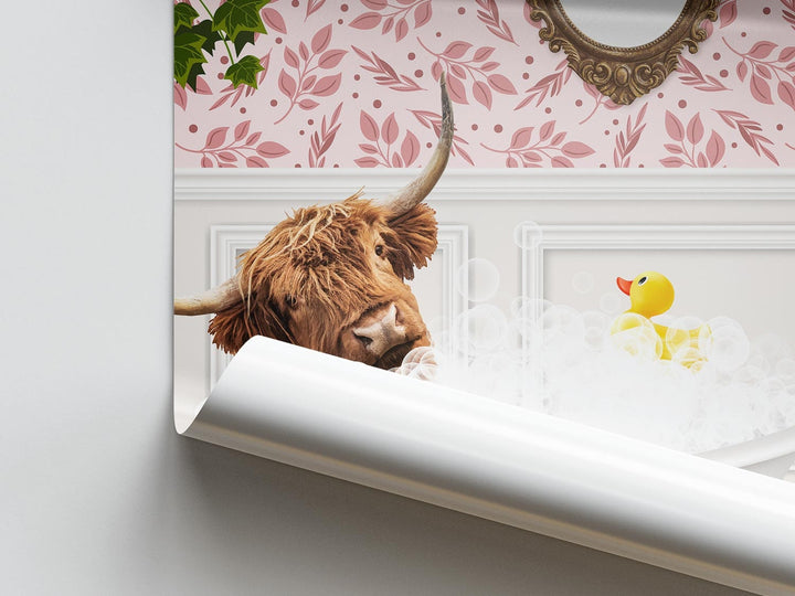 Scottish Highland Cow in Bathtub Print, Colourful Animal in Bath Art, Vintage Bathroom Decor, Funny Bathroom Print, Whimsical Animal Art