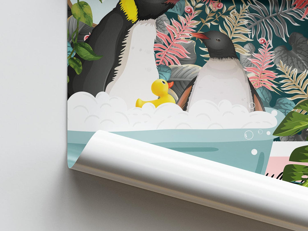 Penguins in Bathtub Animal Bathroom Prints, Animal in Bath Wall Art, Kids Funny Penguin Art, Fun Botanical Jungle Bathroom Penguin Poster