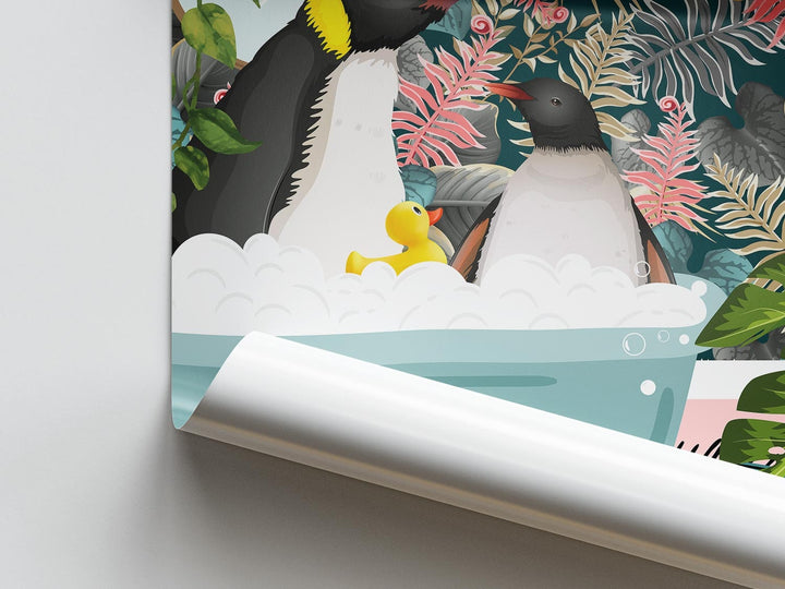 Penguins in Bathtub Animal Bathroom Prints, Animal in Bath Wall Art, Kids Funny Penguin Art, Fun Botanical Jungle Bathroom Penguin Poster