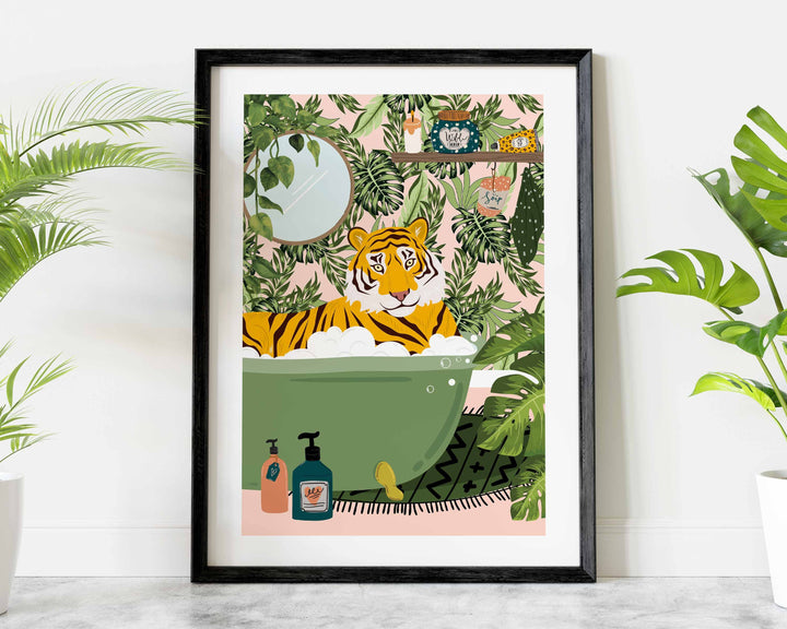 Tiger in Bathtub Bathroom Wall Art, Maximalist Fun Animal in Bath Print, Tropical Bathroom Safari Print, Eclectic Jungle Bathroom Art Decor