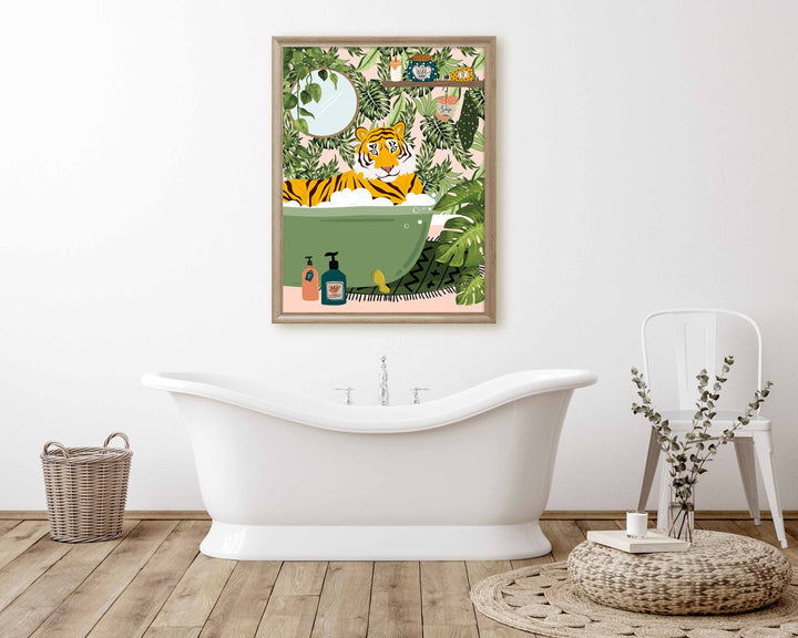 Tiger in Bathtub Bathroom Wall Art, Maximalist Fun Animal in Bath Print, Tropical Bathroom Safari Print, Eclectic Jungle Bathroom Art Decor