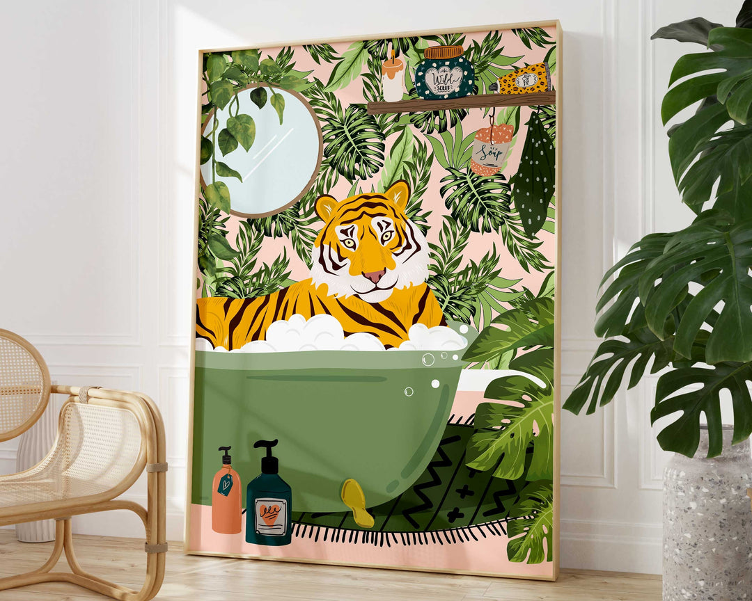 Tiger in Bathtub Bathroom Wall Art, Maximalist Fun Animal in Bath Print, Tropical Bathroom Safari Print, Eclectic Jungle Bathroom Art Decor