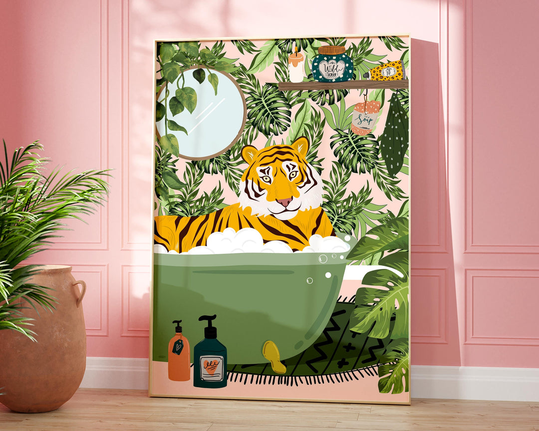 Tiger in Bathtub Bathroom Wall Art, Maximalist Fun Animal in Bath Print, Tropical Bathroom Safari Print, Eclectic Jungle Bathroom Art Decor