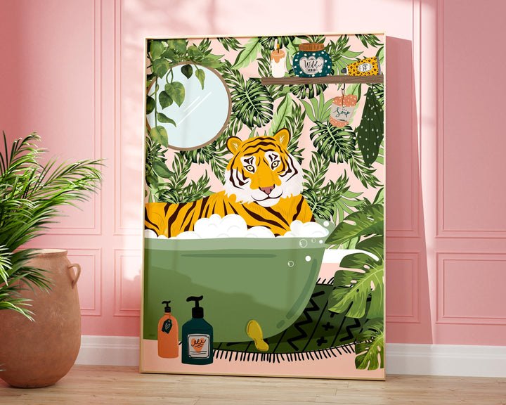 Tiger in Bathtub Bathroom Wall Art, Maximalist Fun Animal in Bath Print, Tropical Bathroom Safari Print, Eclectic Jungle Bathroom Art Decor