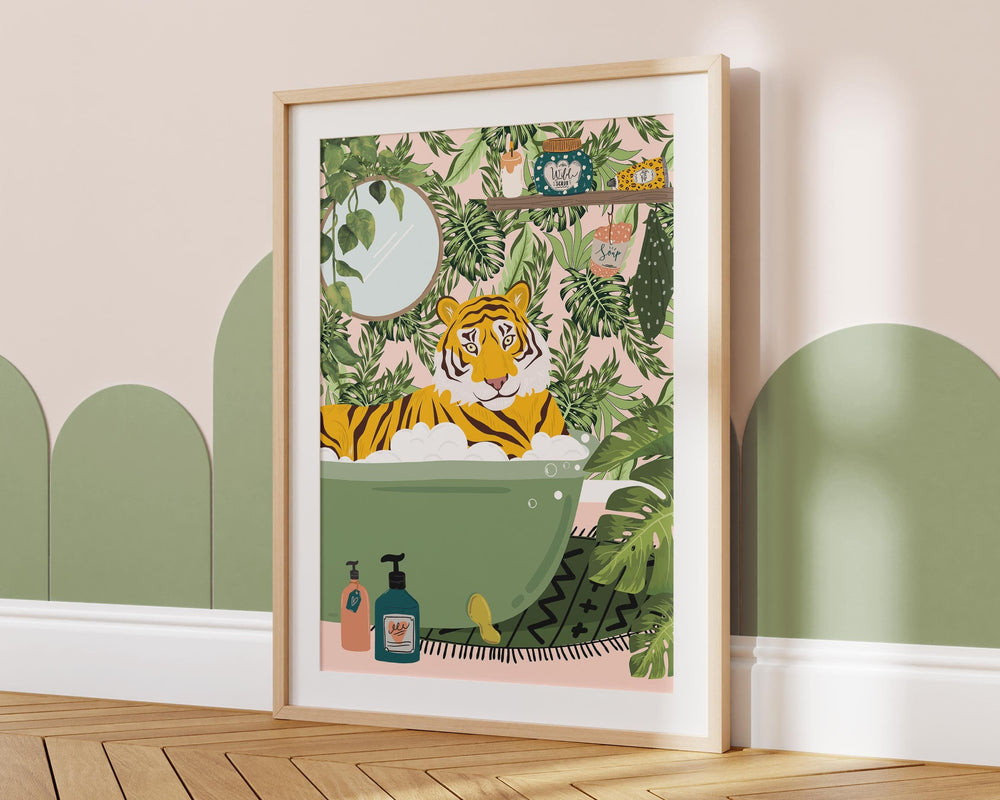 Tiger in Bathtub Bathroom Wall Art, Maximalist Fun Animal in Bath Print, Tropical Bathroom Safari Print, Eclectic Jungle Bathroom Art Decor