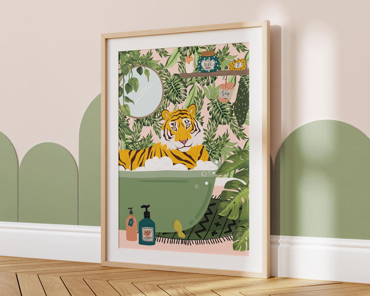 Tiger in Bathtub Bathroom Wall Art, Maximalist Fun Animal in Bath Print, Tropical Bathroom Safari Print, Eclectic Jungle Bathroom Art Decor
