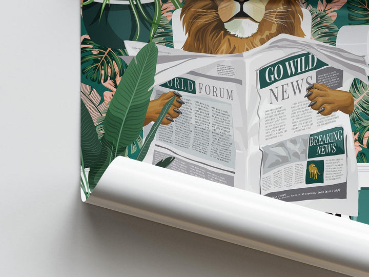 Lion on Toilet Teal Bathroom Print, Animal on Toilet Funny Bathroom Wall Art, Tropical Boho Bathroom Jungle Art Decor, Cloakroom Toilet Art