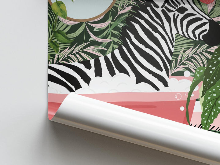 Zebra in Bathtub Boho Bathroom Print, Maximalist Animal in Bath Wall Art, Tropical Botanical Bathroom Print, Eclectic Bathroom Wall Decor