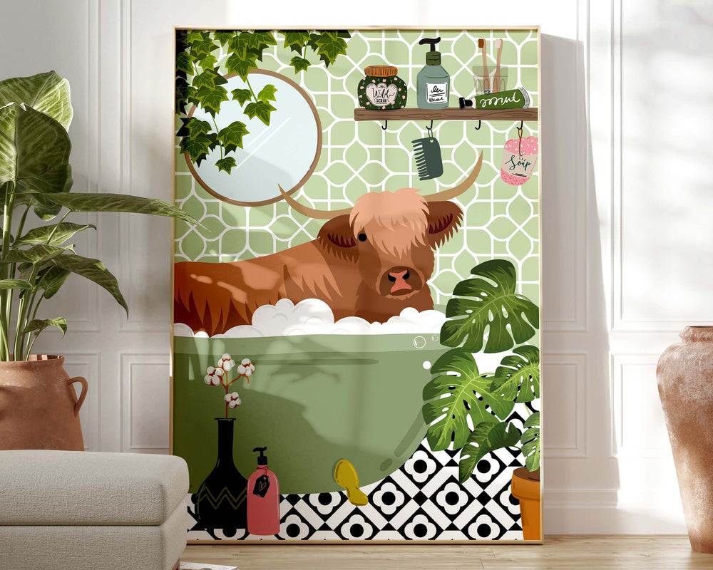 Highland Cow Bathtub Bathroom Print, Maximalist Animal in Bath Wall Art, Modern Botanical Bathroom Decor, Colourful Eclectic Bathroom Prints