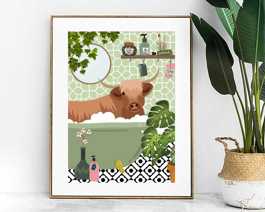 Highland Cow Bathtub Bathroom Print, Maximalist Animal in Bath Wall Art, Modern Botanical Bathroom Decor, Colourful Eclectic Bathroom Prints