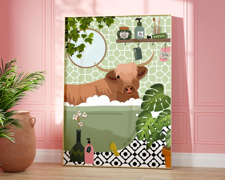 Highland Cow Bathtub Bathroom Print, Maximalist Animal in Bath Wall Art, Modern Botanical Bathroom Decor, Colourful Eclectic Bathroom Prints