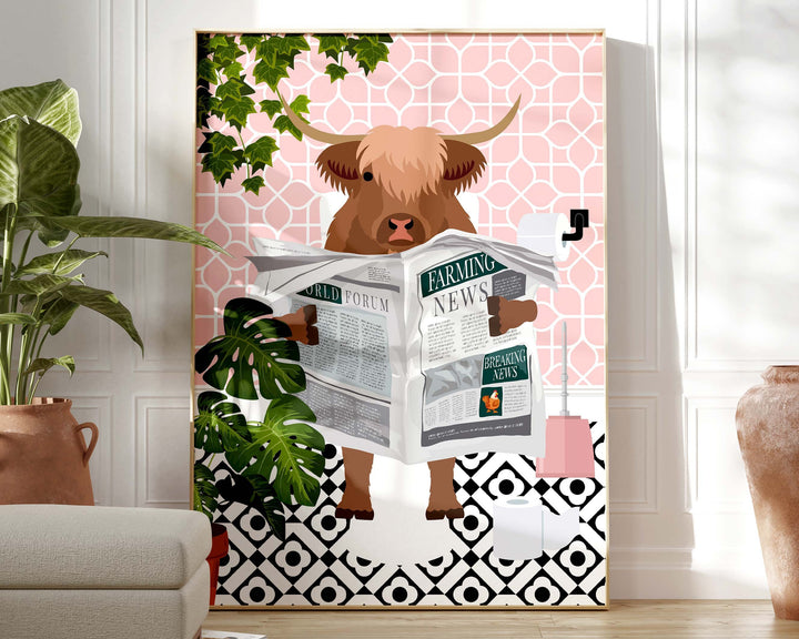 Highland Cow on Toilet Bathroom Wall Art, Animal in Tropical Bathroom Prints, Colourful Jungle Bathroom Maximalist Decor, A4 Toilet Prints