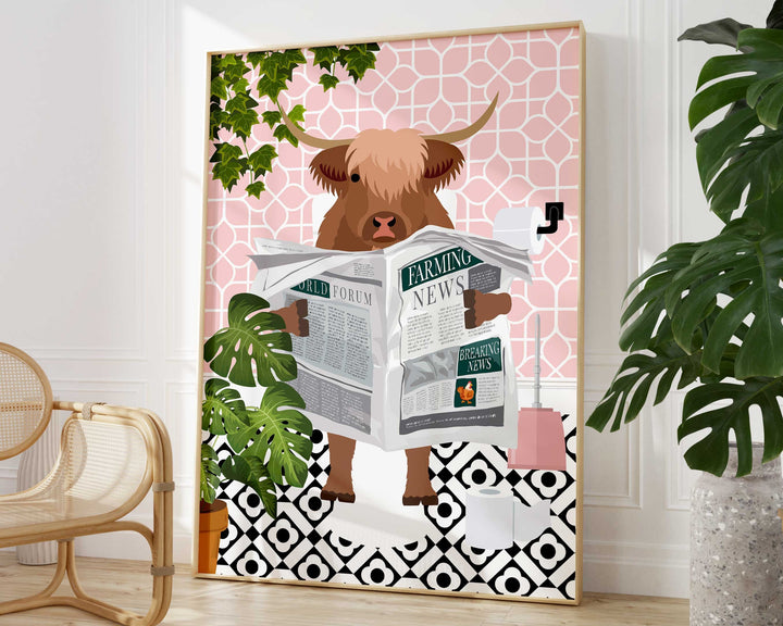 Highland Cow on Toilet Bathroom Wall Art, Animal in Tropical Bathroom Prints, Colourful Jungle Bathroom Maximalist Decor, A4 Toilet Prints