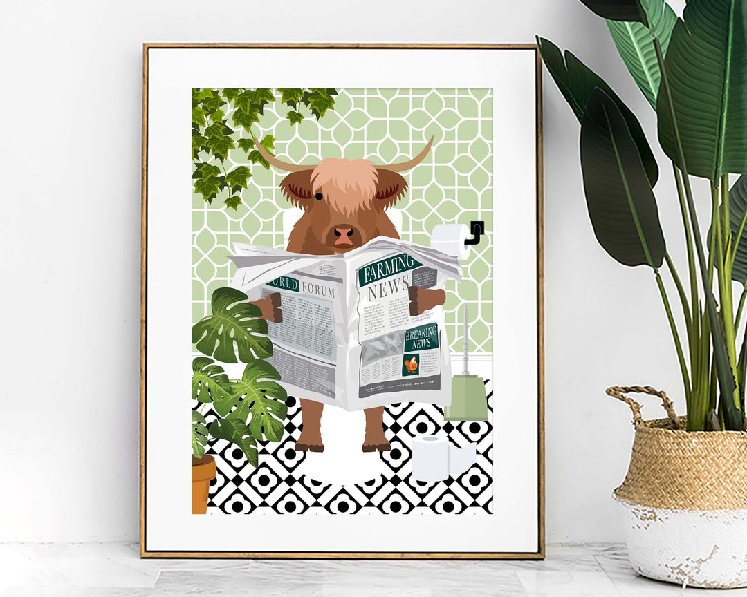 Highland Cow on Toilet Funny Bathroom Print, Funny Bathroom Wall Decor, Funny Animal in Bathroom Maximalist Wall Art, Quirky Toilet Prints