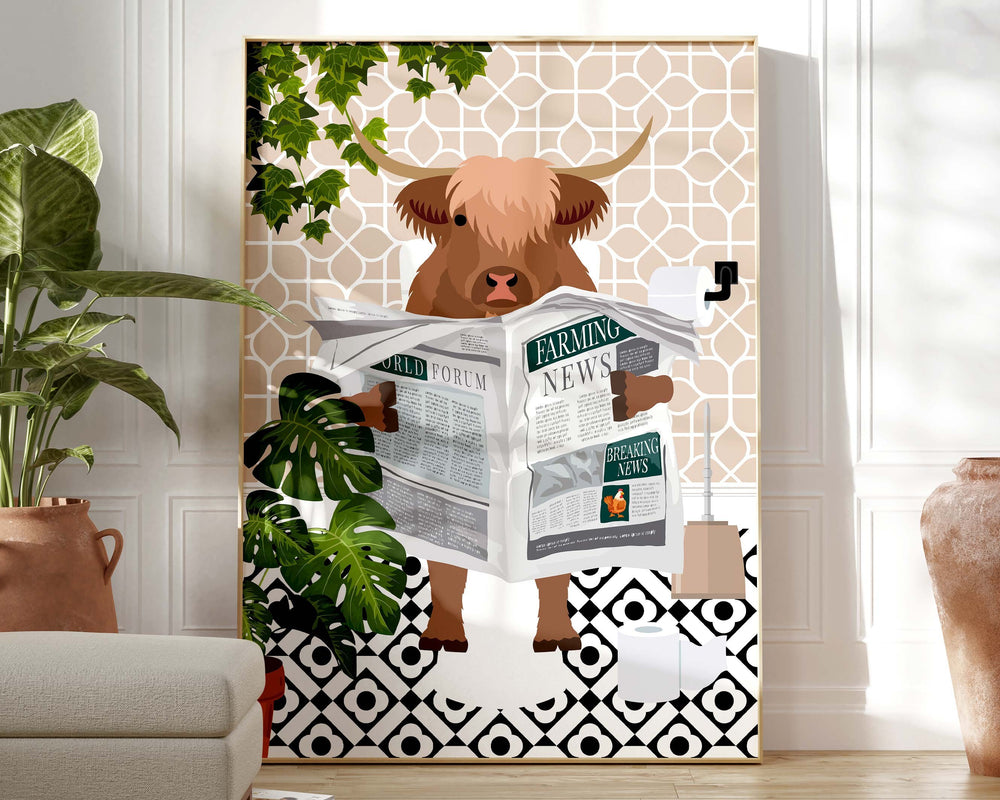 Highland Cow on Toilet Bathroom Wall Art, Animal in Tropical Bathroom Prints, Colourful Jungle Bathroom Maximalist Decor, A4 Toilet Prints