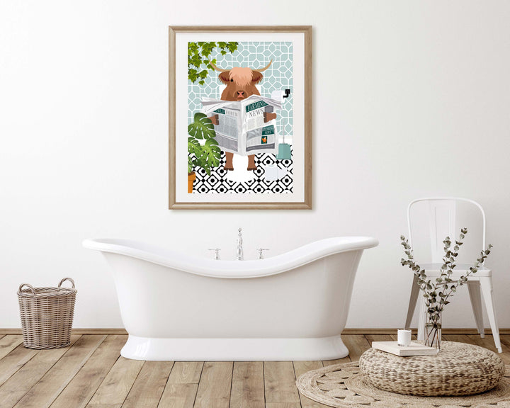 Highland Cow on Toilet Bathroom Wall Art, Animal in Tropical Bathroom Prints, Colourful Jungle Bathroom Maximalist Decor, A4 Toilet Prints