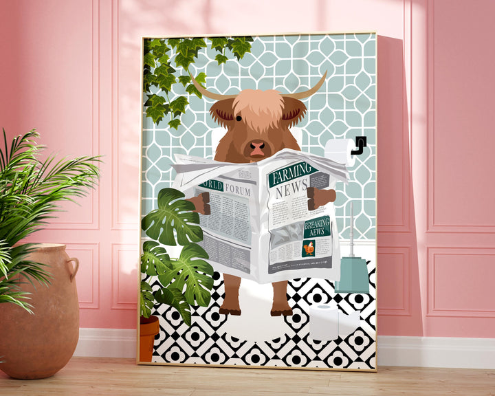 Highland Cow on Toilet Bathroom Wall Art, Animal in Tropical Bathroom Prints, Colourful Jungle Bathroom Maximalist Decor, A4 Toilet Prints