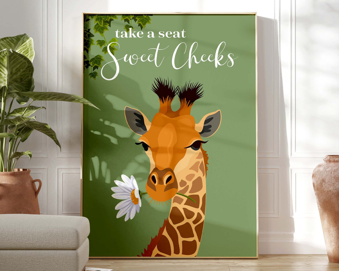 Take A Seat Sweet Cheeks Giraffe Bathroom Wall Art, Funny Animal Bathroom Print, Toilet Art, Maximalist Bathroom Decor, Kids Bathroom Poster