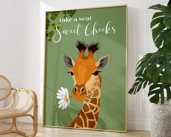 Take A Seat Sweet Cheeks Giraffe Bathroom Wall Art, Funny Animal Bathroom Print, Toilet Art, Maximalist Bathroom Decor, Kids Bathroom Poster