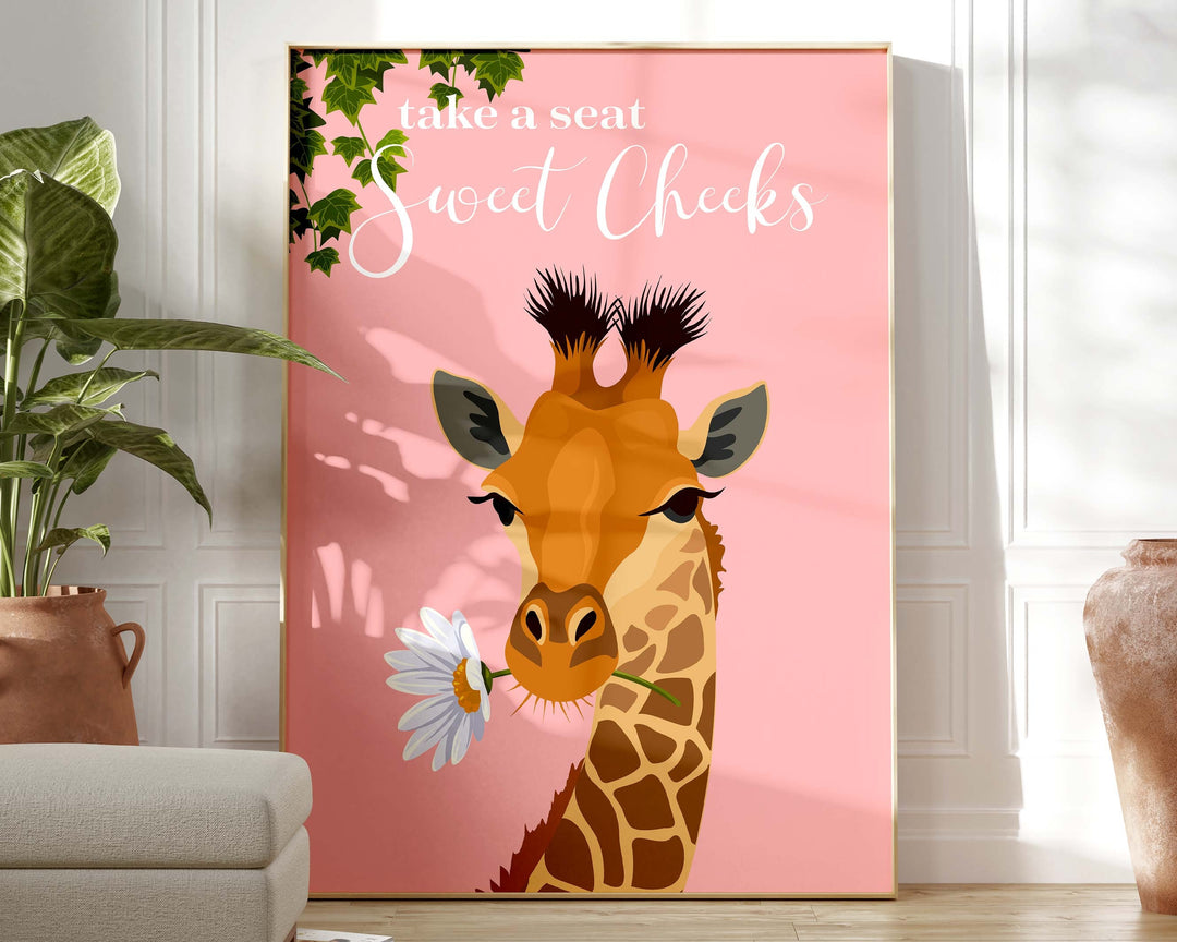 Take A Seat Sweet Cheeks Giraffe Bathroom Wall Art, Funny Animal Bathroom Print, Toilet Art, Maximalist Bathroom Decor, Kids Bathroom Poster