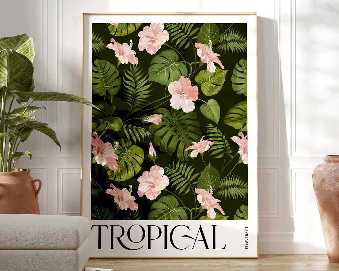 Tropical Pink Botanical Flower Print, Colourful Tropical Leaves Wall Art, Rainforest Poster, Wild Nature Paradise Living Room Home Decor