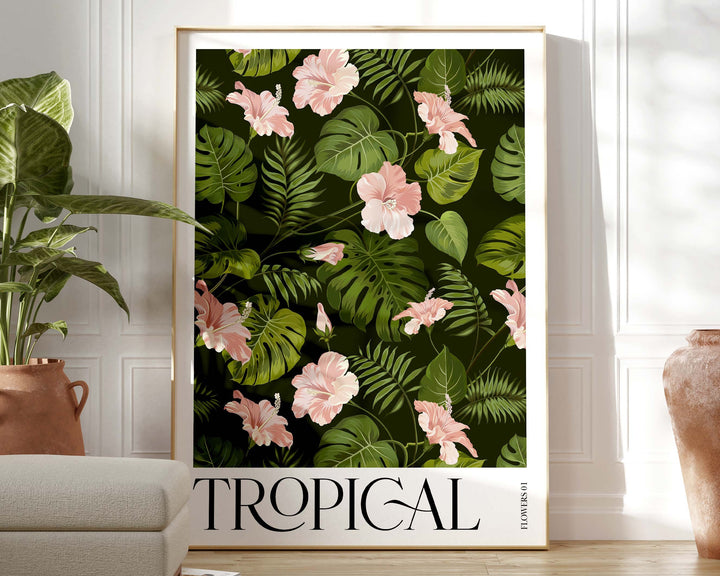Tropical Pink Botanical Flower Print, Colourful Tropical Leaves Wall Art, Rainforest Poster, Wild Nature Paradise Living Room Home Decor