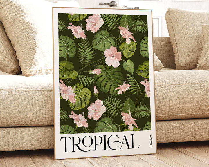 Tropical Pink Botanical Flower Print, Colourful Tropical Leaves Wall Art, Rainforest Poster, Wild Nature Paradise Living Room Home Decor