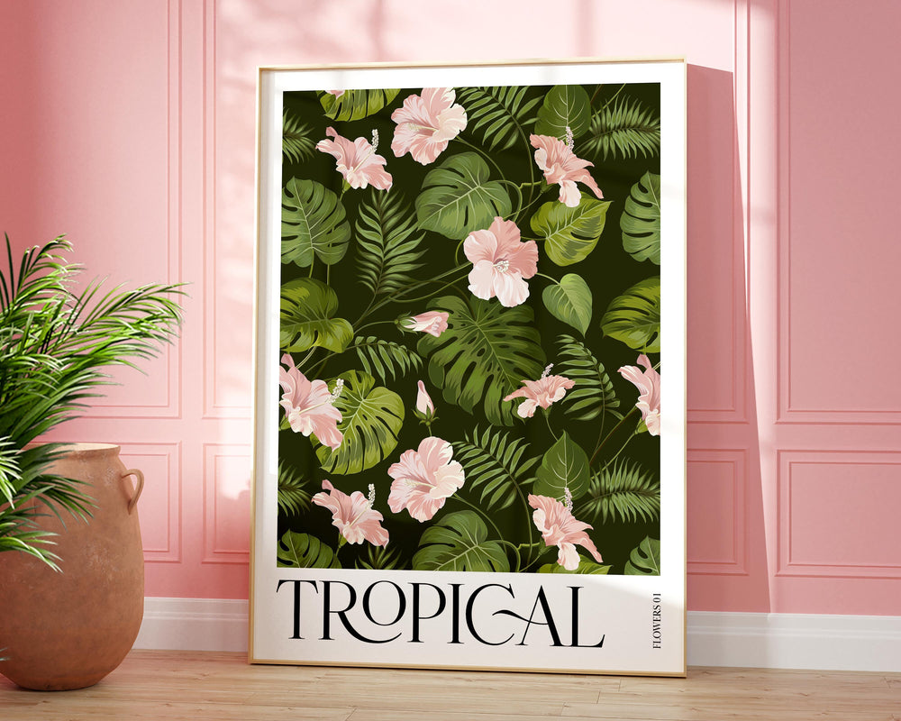 Tropical Pink Botanical Flower Print, Colourful Tropical Leaves Wall Art, Rainforest Poster, Wild Nature Paradise Living Room Home Decor