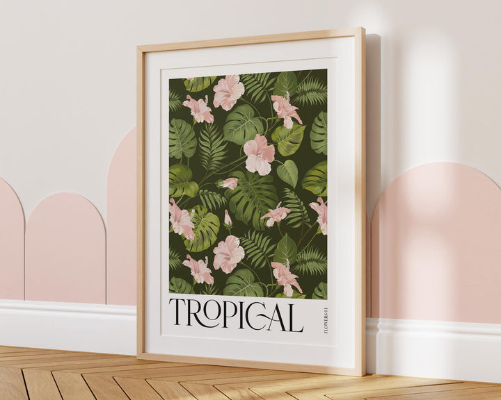 Tropical Pink Botanical Flower Print, Colourful Tropical Leaves Wall Art, Rainforest Poster, Wild Nature Paradise Living Room Home Decor