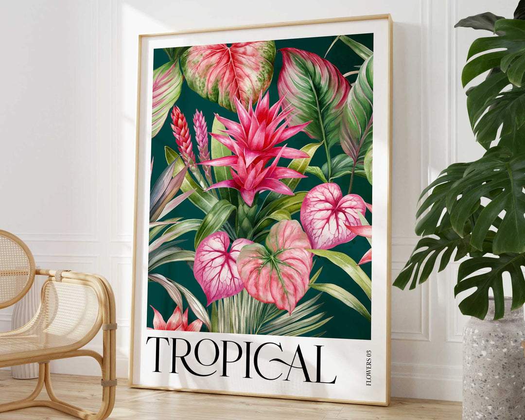 Tropical Pink Botanical Flower Print, Colourful Tropical Leaves Wall Art, Rainforest Poster, Wild Nature Paradise Living Room Home Decor
