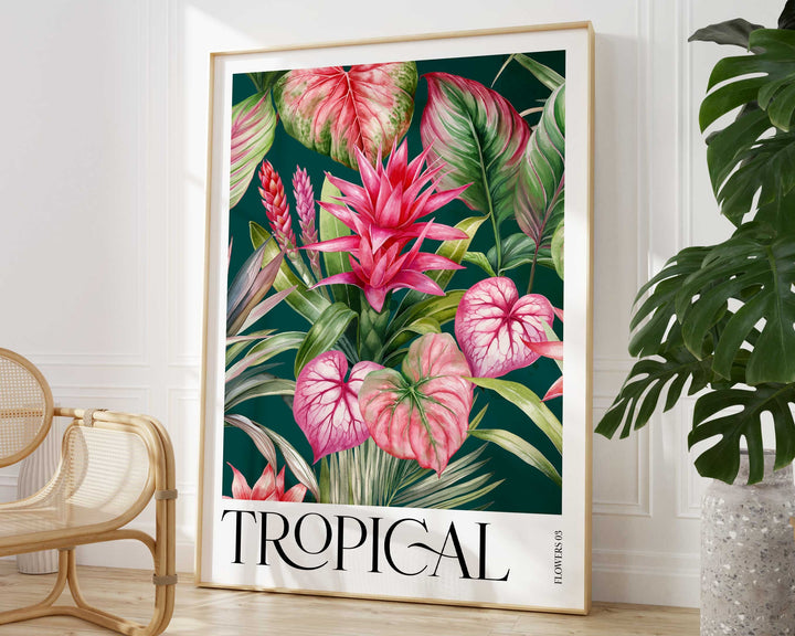 Tropical Pink Botanical Flower Print, Colourful Tropical Leaves Wall Art, Rainforest Poster, Wild Nature Paradise Living Room Home Decor