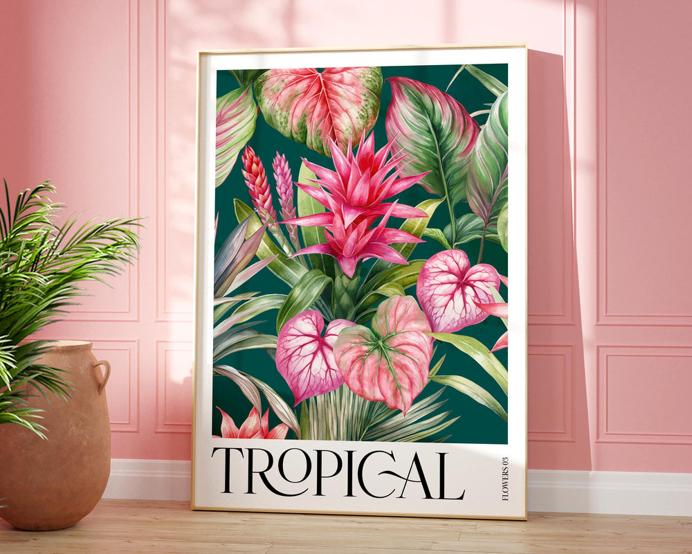 Tropical Pink Botanical Flower Print, Colourful Tropical Leaves Wall Art, Rainforest Poster, Wild Nature Paradise Living Room Home Decor