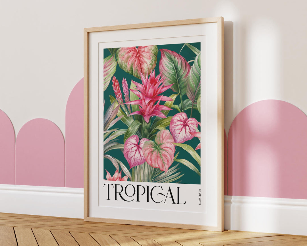 Tropical Pink Botanical Flower Print, Colourful Tropical Leaves Wall Art, Rainforest Poster, Wild Nature Paradise Living Room Home Decor