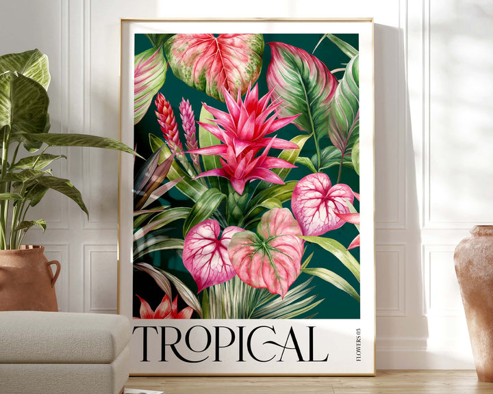 Tropical Pink Botanical Flower Print, Colourful Tropical Leaves Wall Art, Rainforest Poster, Wild Nature Paradise Living Room Home Decor