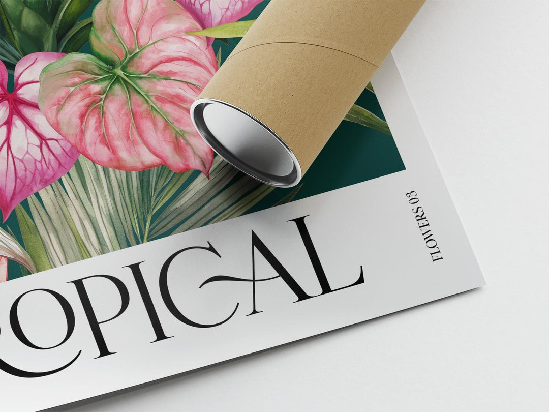Tropical Pink Botanical Flower Print, Colourful Tropical Leaves Wall Art, Rainforest Poster, Wild Nature Paradise Living Room Home Decor