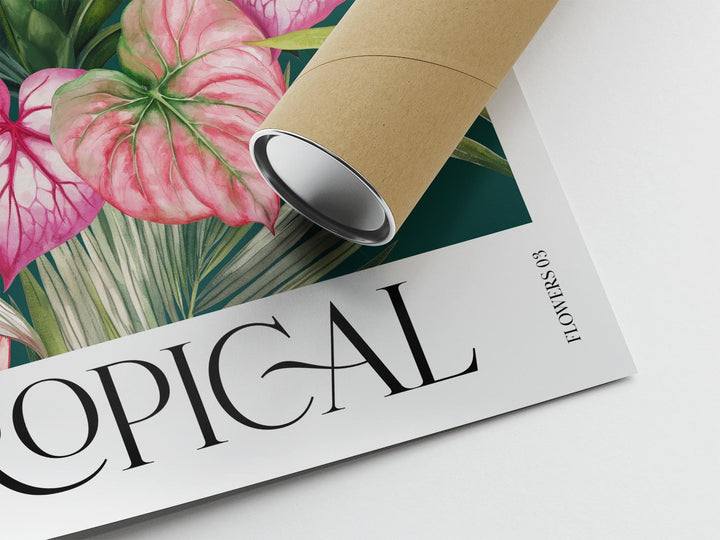 Tropical Pink Botanical Flower Print, Colourful Tropical Leaves Wall Art, Rainforest Poster, Wild Nature Paradise Living Room Home Decor