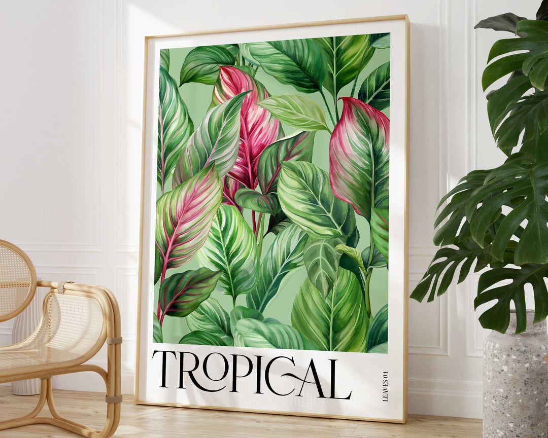 Pink Tropical Leaves Paradise Garden Print, Bold Botanical Leaves Wall Art, Rainforest Poster, Wild Nature Foliage Living Room Home Decor