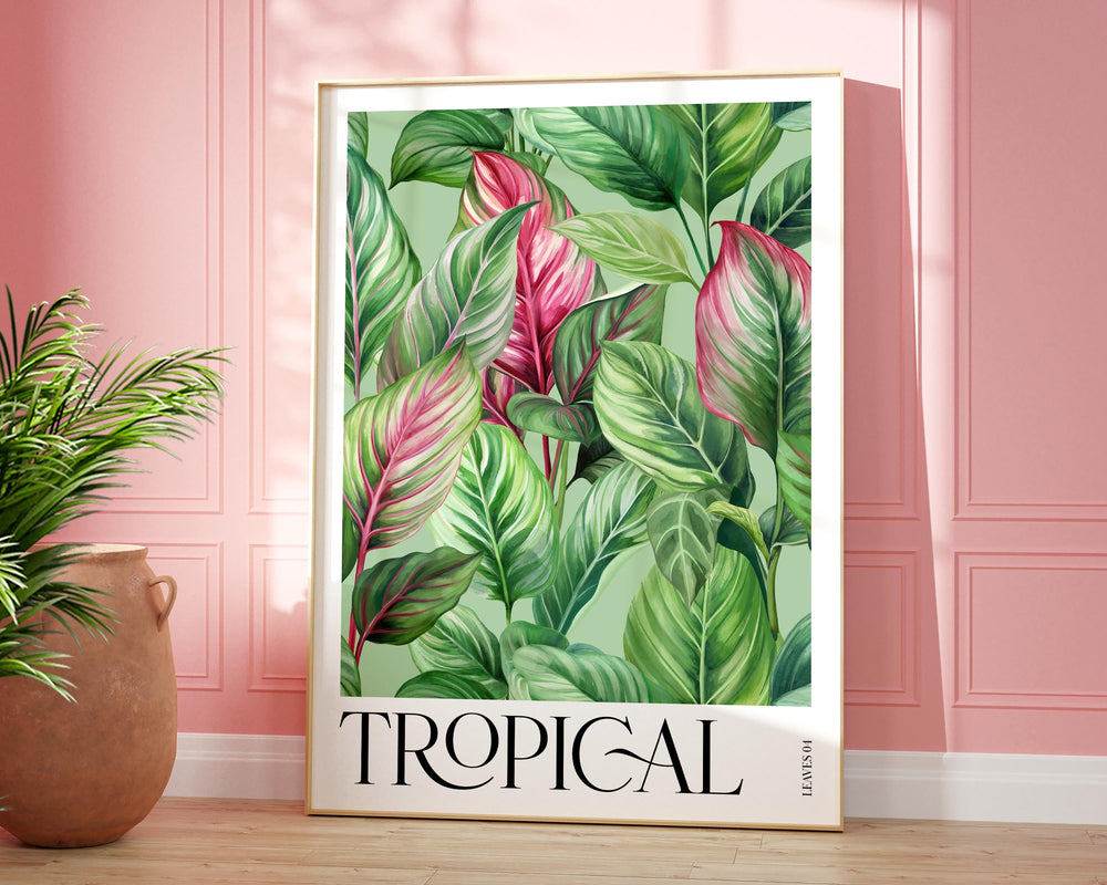 Pink Tropical Leaves Paradise Garden Print, Bold Botanical Leaves Wall Art, Rainforest Poster, Wild Nature Foliage Living Room Home Decor