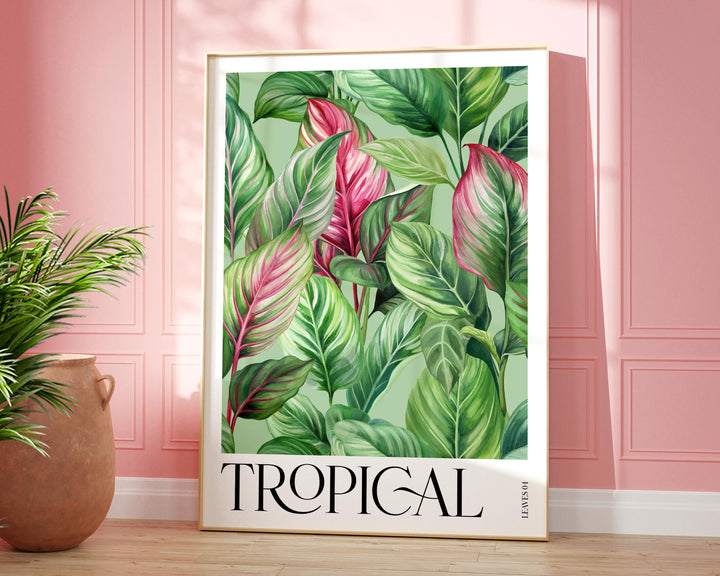Pink Tropical Leaves Paradise Garden Print, Bold Botanical Leaves Wall Art, Rainforest Poster, Wild Nature Foliage Living Room Home Decor