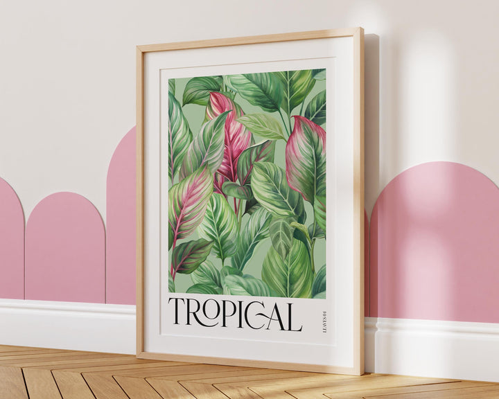 Pink Tropical Leaves Paradise Garden Print, Bold Botanical Leaves Wall Art, Rainforest Poster, Wild Nature Foliage Living Room Home Decor