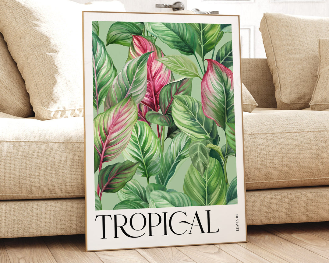 Pink Tropical Leaves Paradise Garden Print, Bold Botanical Leaves Wall Art, Rainforest Poster, Wild Nature Foliage Living Room Home Decor