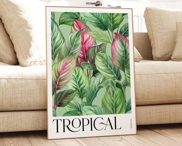 Pink Tropical Leaves Paradise Garden Print, Bold Botanical Leaves Wall Art, Rainforest Poster, Wild Nature Foliage Living Room Home Decor
