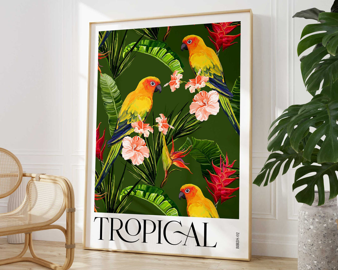 Tropical Bird Rainforest Print, Colourful Tropical Leaves Wall Art, Rainforest Art Poster, Jungle Prints, Wildlife Living Room Home Decor