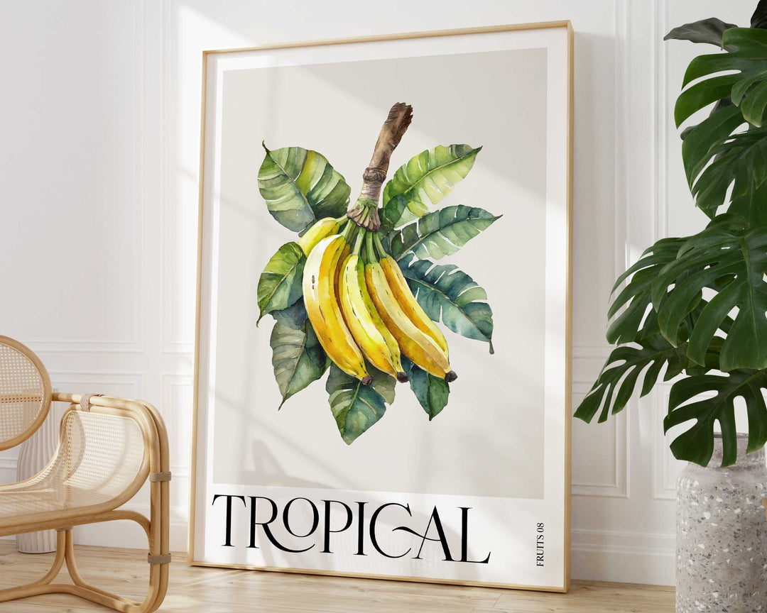 Tropical Fruit Banana Print, Colourful Botanical Tropical Leaves Wall Art, Watercolour Fruit Art Poster, Kitchen Living Room Home Decor
