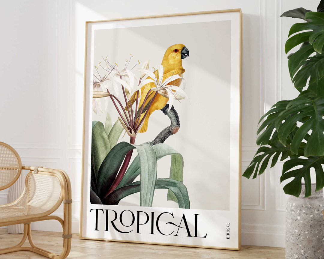 Tropical Macaw Bird Print, Colourful Botanical Tropical Leaves Wall Art, Rainforest Art Poster, Wild Nature Paradise Living Room Home Decor