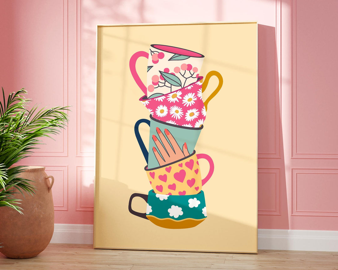 Stacked Tea Cups Print, Retro Mug Floral Art, Colourful Eclectic Vintage Kitchen Wall Art, Boho Kitchen Dining Room Print, Fun Kitchen Decor